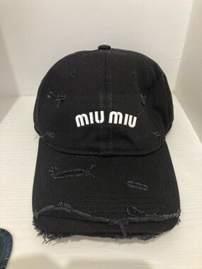 Miu Miu Black Distressed Logo Baseball Cap